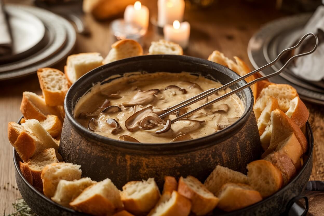 mushroom fondue with pieces of bread