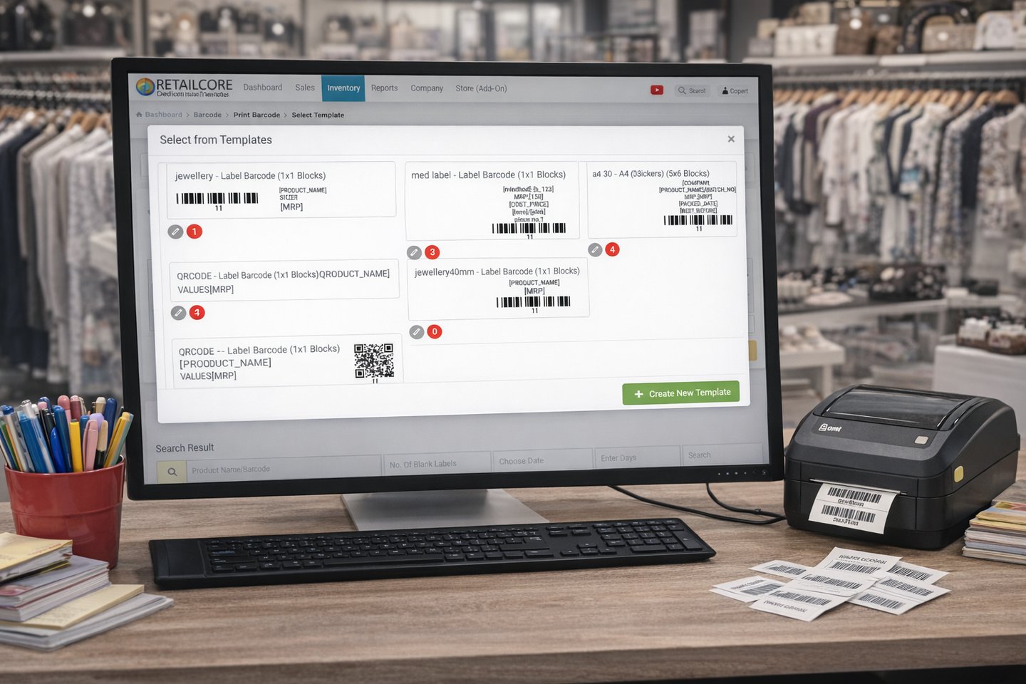 computer screen showing retailcore software barcode label design and printing 