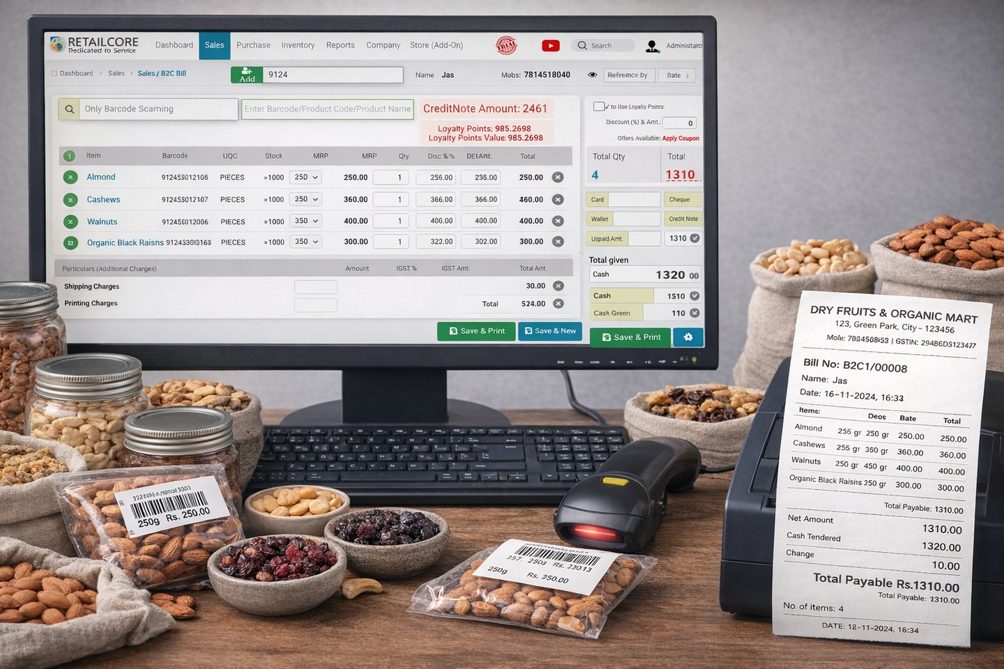 Point of sale retail software displaying inventory and billing for a dry fruits and organic mart.