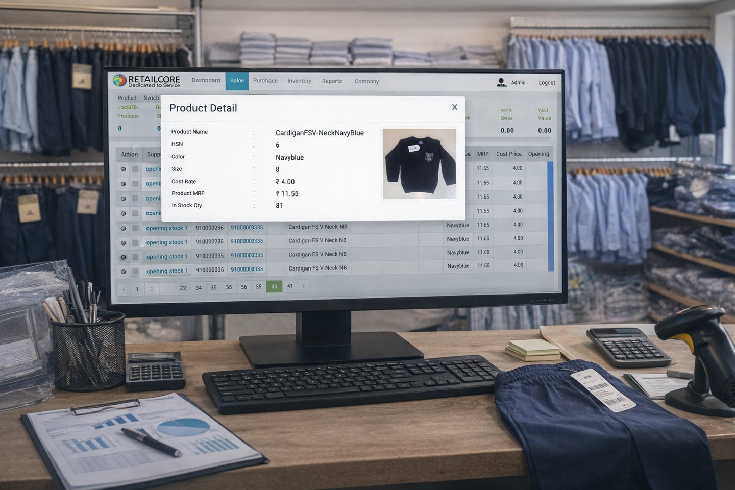retailcore software screen showing how to manage school uniform products with barcode
