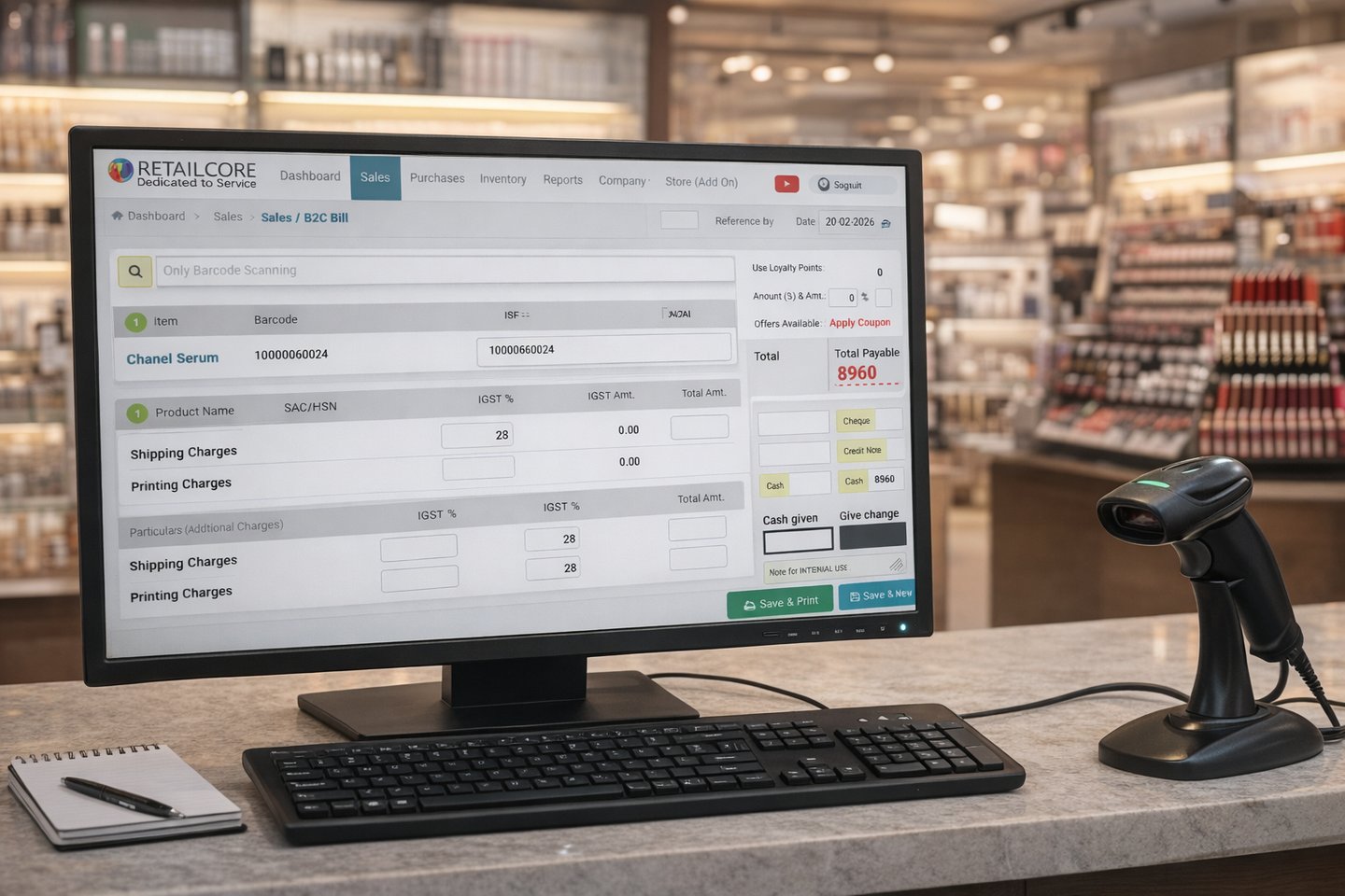 Retailcore software for cosmetic retail store shown in store