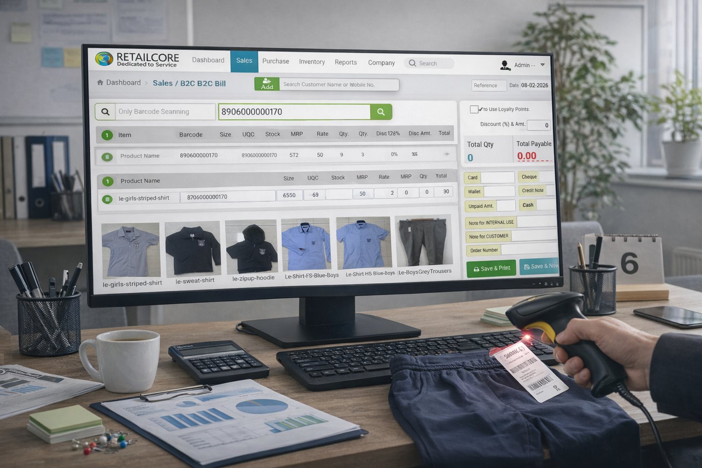 retailcore software billing with barcode scanning at school uniform retail store