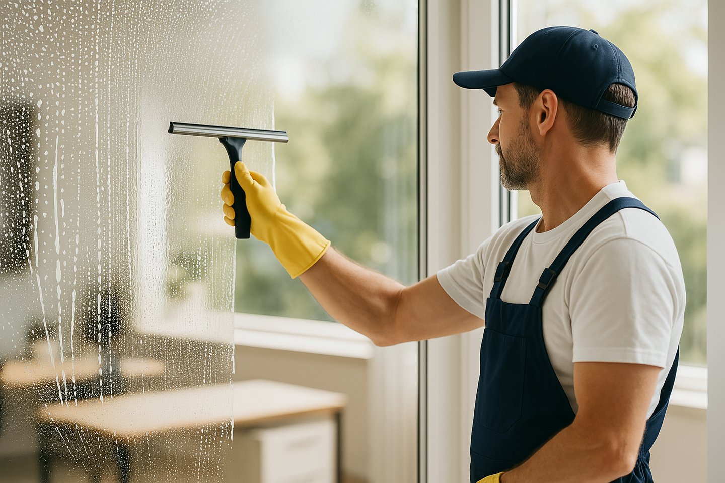 Mężczyzna myje okna w biurze w Gdańsku – profesjonalne mycie szyb w ramach usługi sprzątania w Trójmieście.