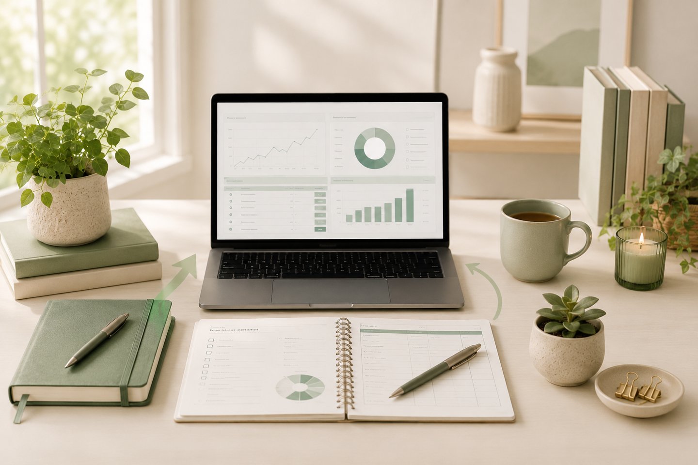 Workspace showing laptop dashboard, planner pages, and arrows for the Plan Track Grow method.
