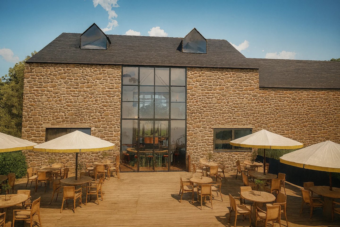 Rustic stone barn restaurant with a large glass facade and outdoor patio seating under umbrellas.