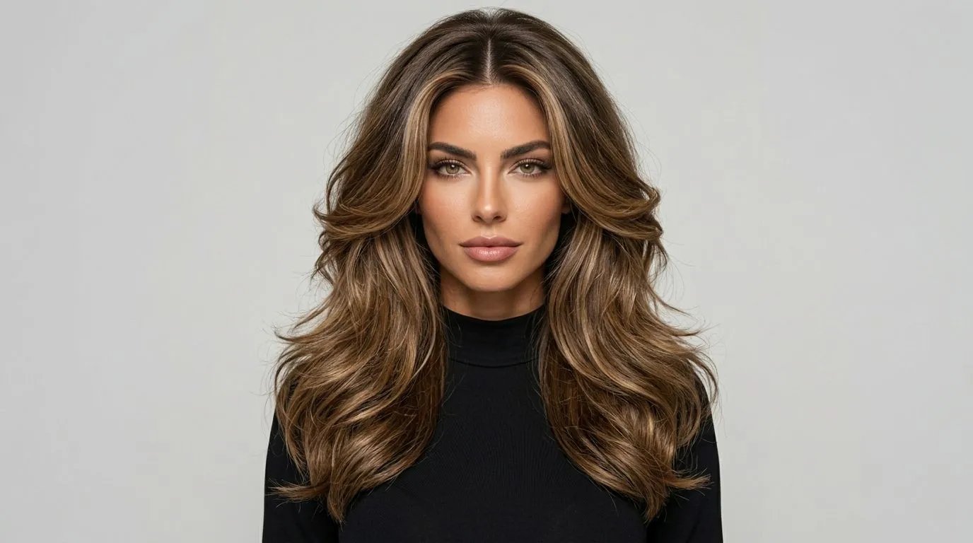 1990s supermodel-inspired blowout hairstyle with big volume, fluffy layers, and a retro fashion edit