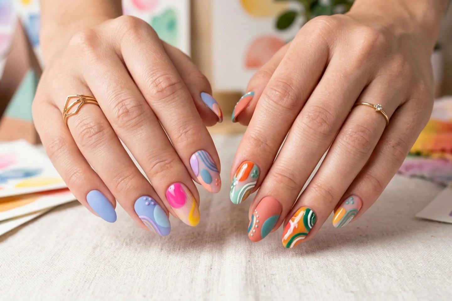 Abstract artistic colorful nail design with modern shapes and creative patterns
