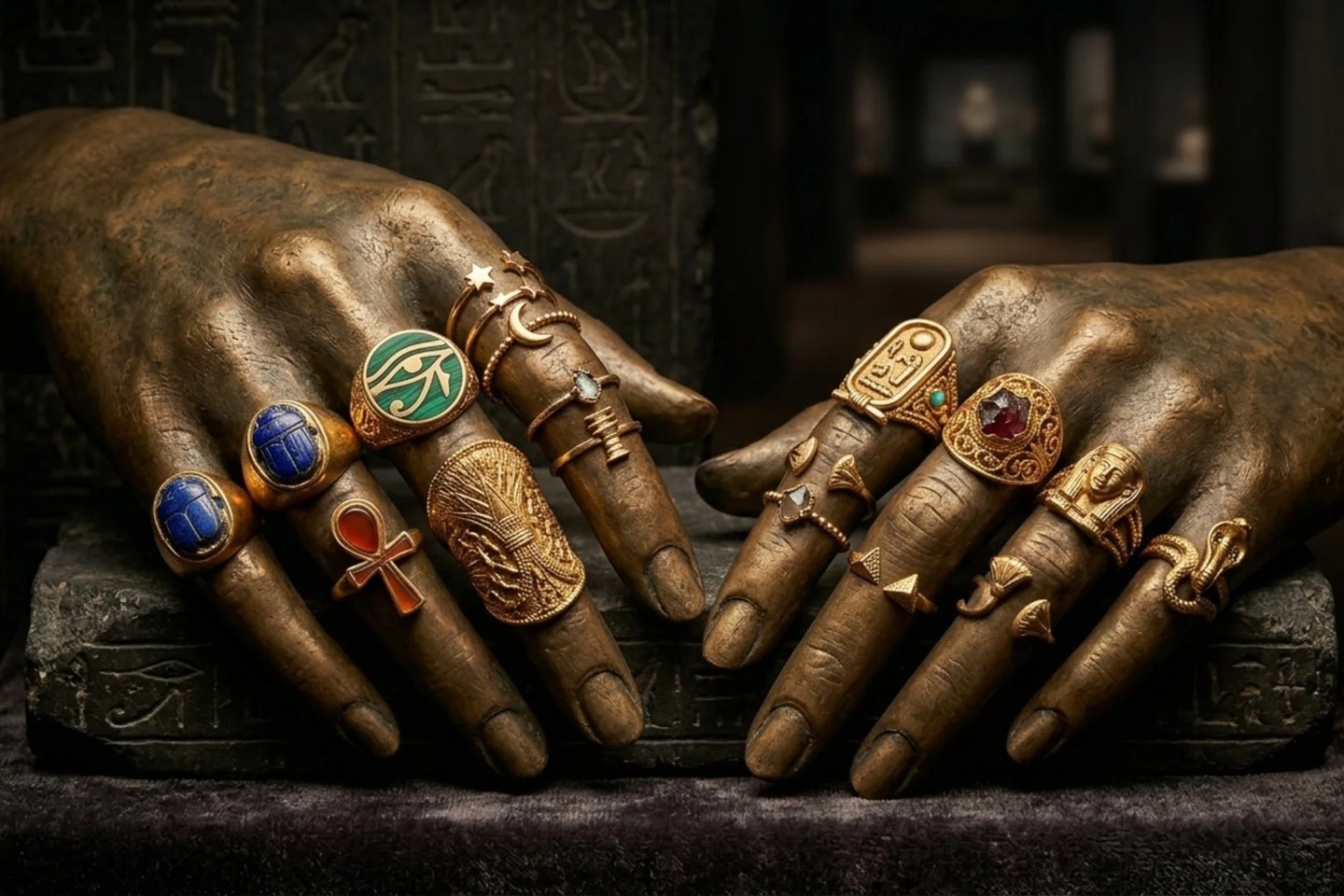 Ancient Egyptian inspired gold finger rings and artistic knuckle jewelry design