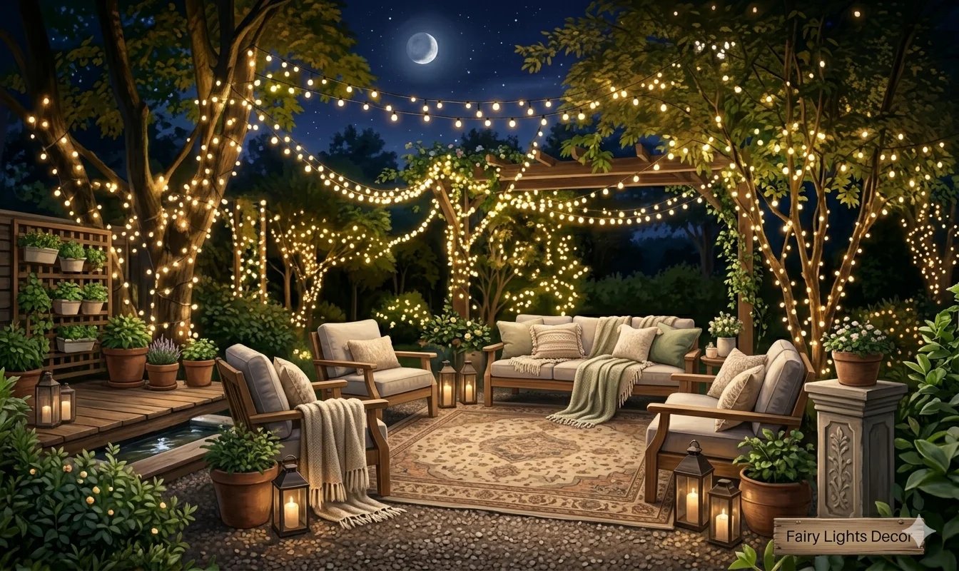 Luxury outdoor living space with elegant furniture, greenery, and ambient lighting