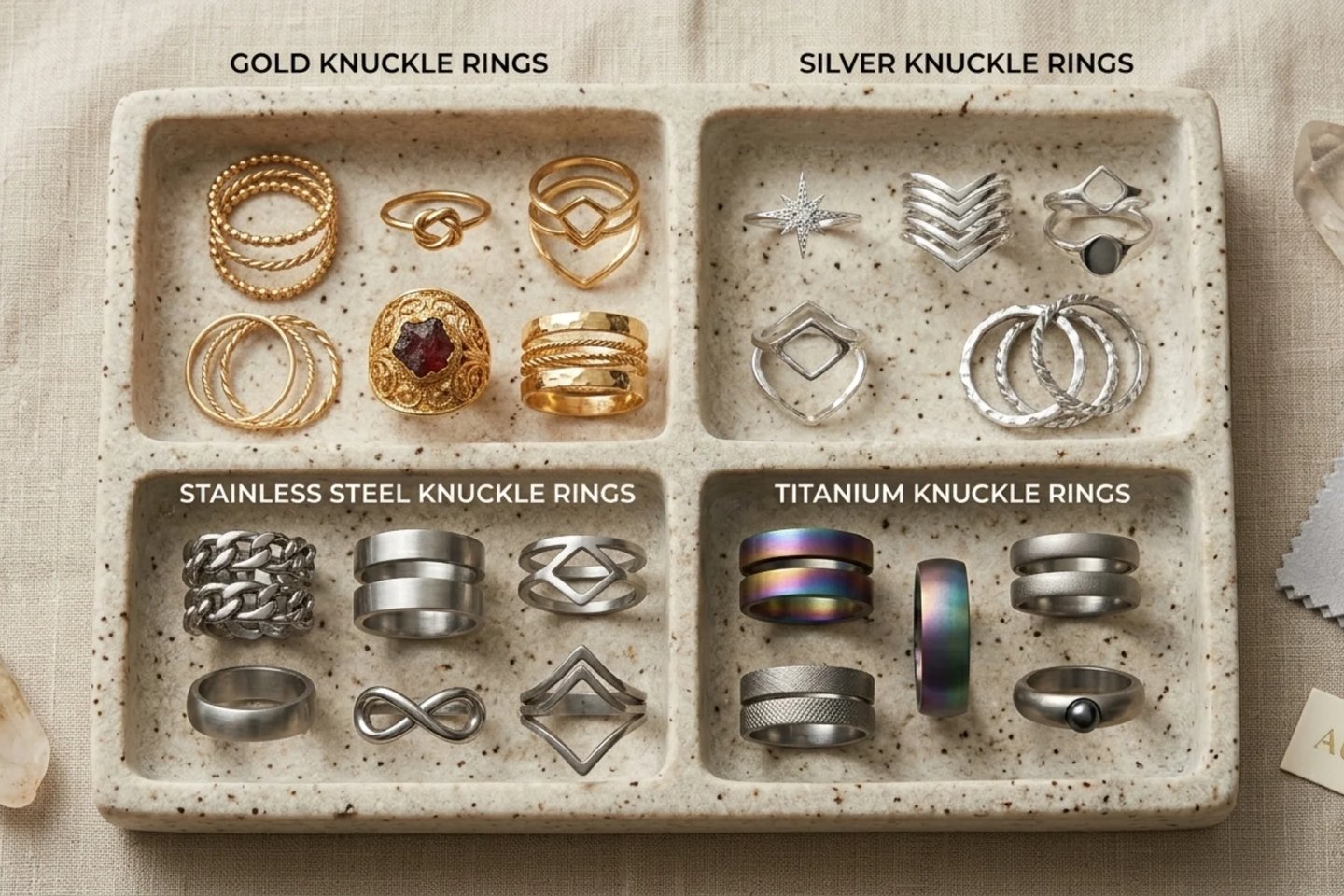 Gold silver titanium and stainless steel knuckle rings displayed in modern jewelry setup