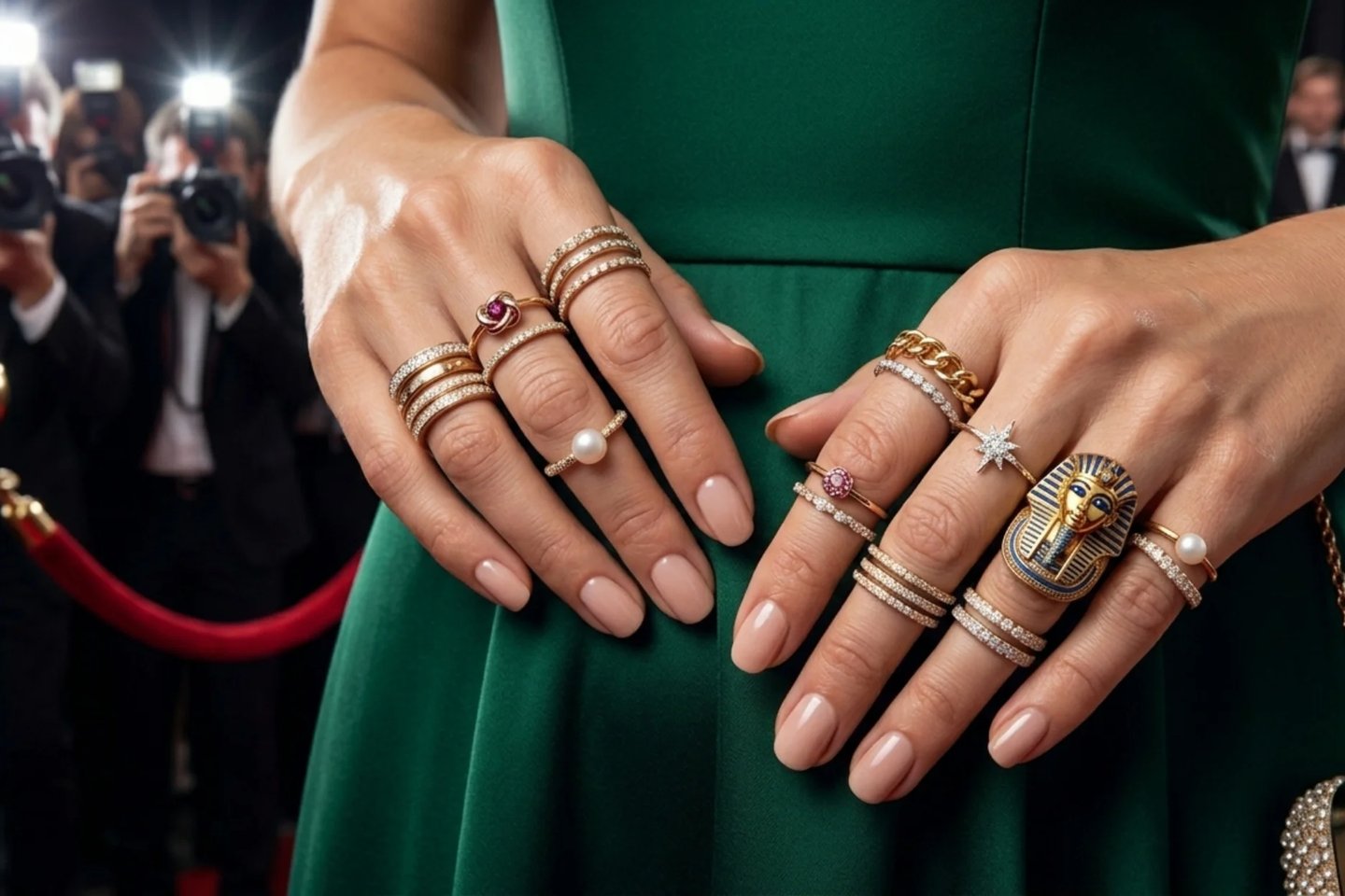 Celebrity inspired layered knuckle rings with glamorous luxury fashion styling
