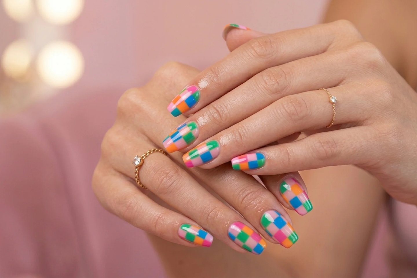 Retro checkerboard colorful nail art with trendy vibrant square patterns on nails