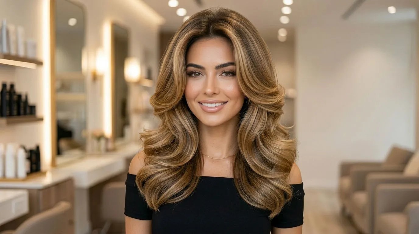 Classic voluminous blowout hairstyle with full body and bounce, styled in a luxury salon with glossy