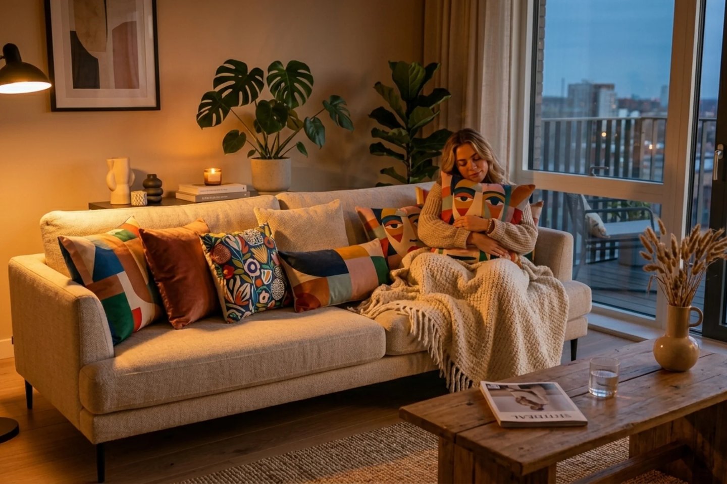 cozy living room with soft cushions warm lighting and relaxing evening home decor atmosphere