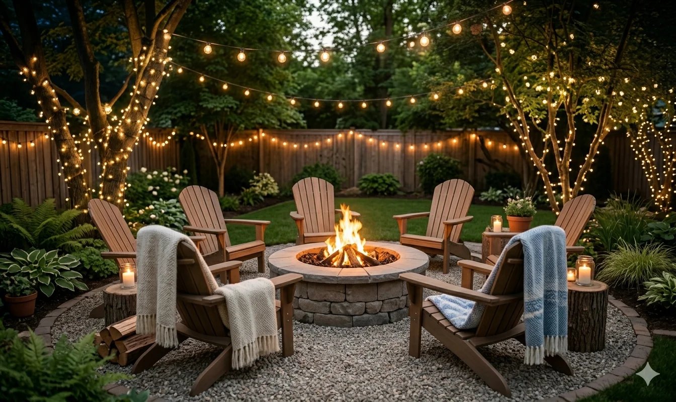 Backyard decorated with string lights and lanterns creating warm evening ambiance