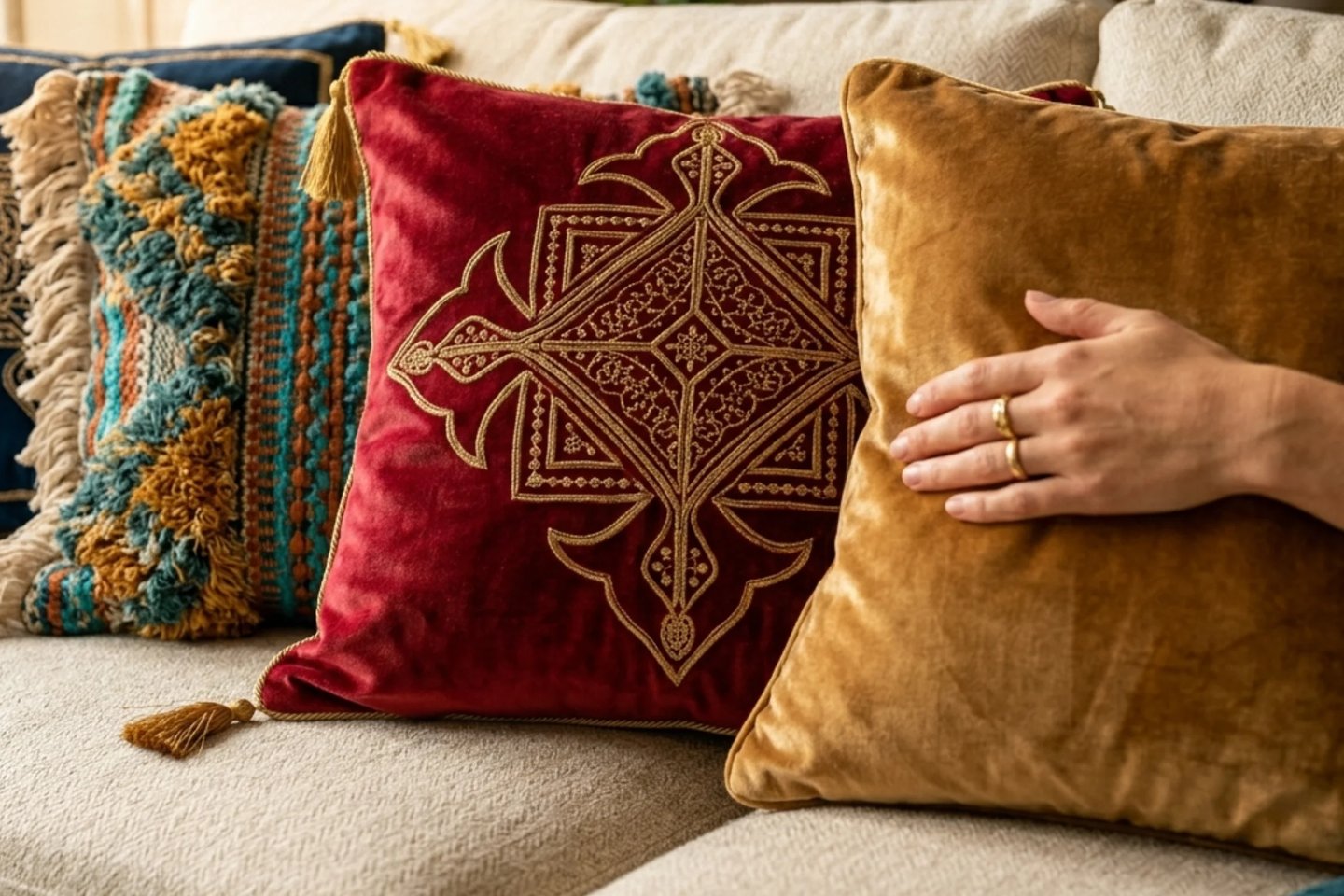 luxury velvet cushions in elegant living room with modern glam interior design