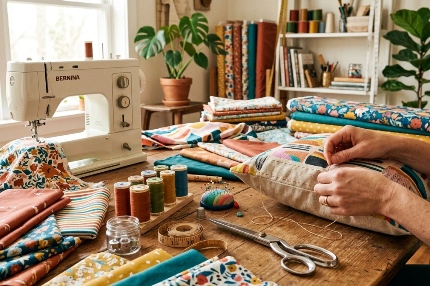 diy cushion cover sewing setup with colorful fabrics scissors and home decor crafting tools