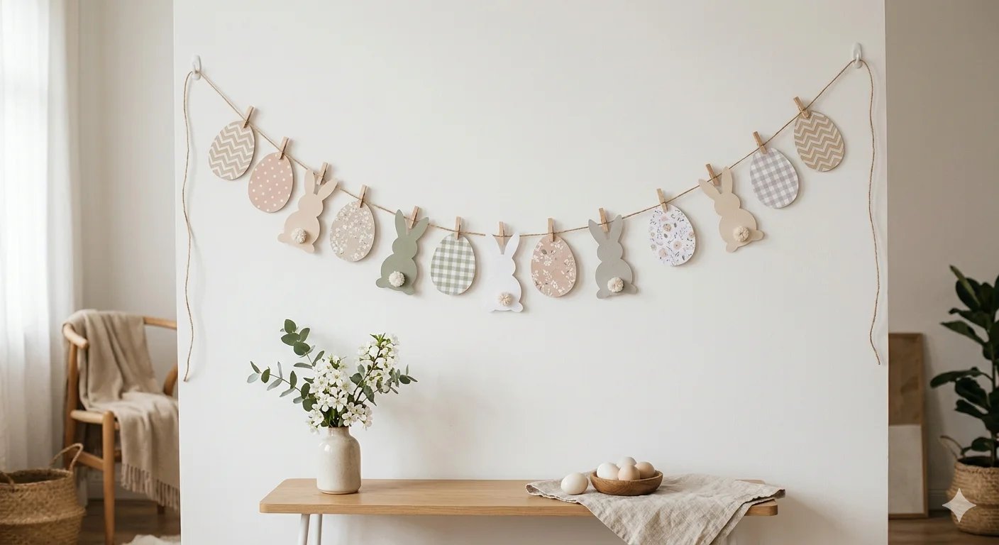 DIY Easter garland with paper bunny and egg cutouts hanging on twine against a neutral wall for mini