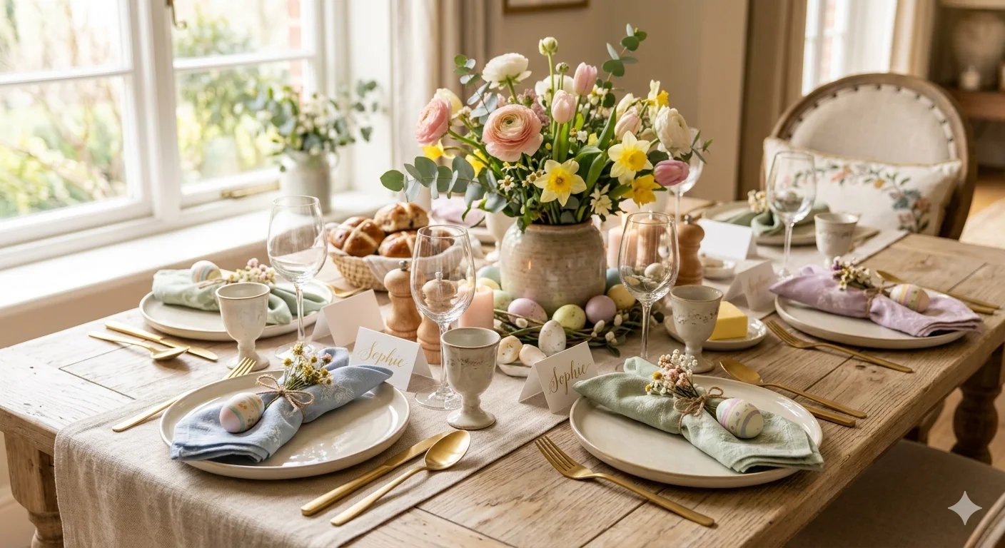Easter bunny shaped napkin fold with pastel napkins tied with twine on an elegant dining table setup