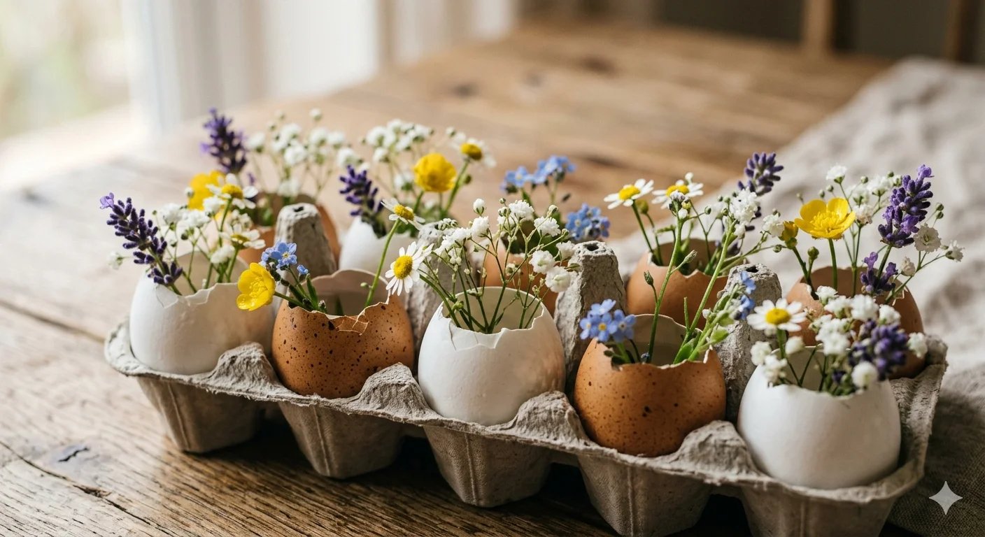 Eggshells turned into mini flower vases with small wildflowers arranged in a rustic egg carton for e