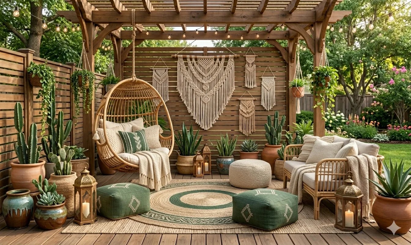 Boho outdoor decor with floor cushions, patterned rugs, and warm ambient lighting