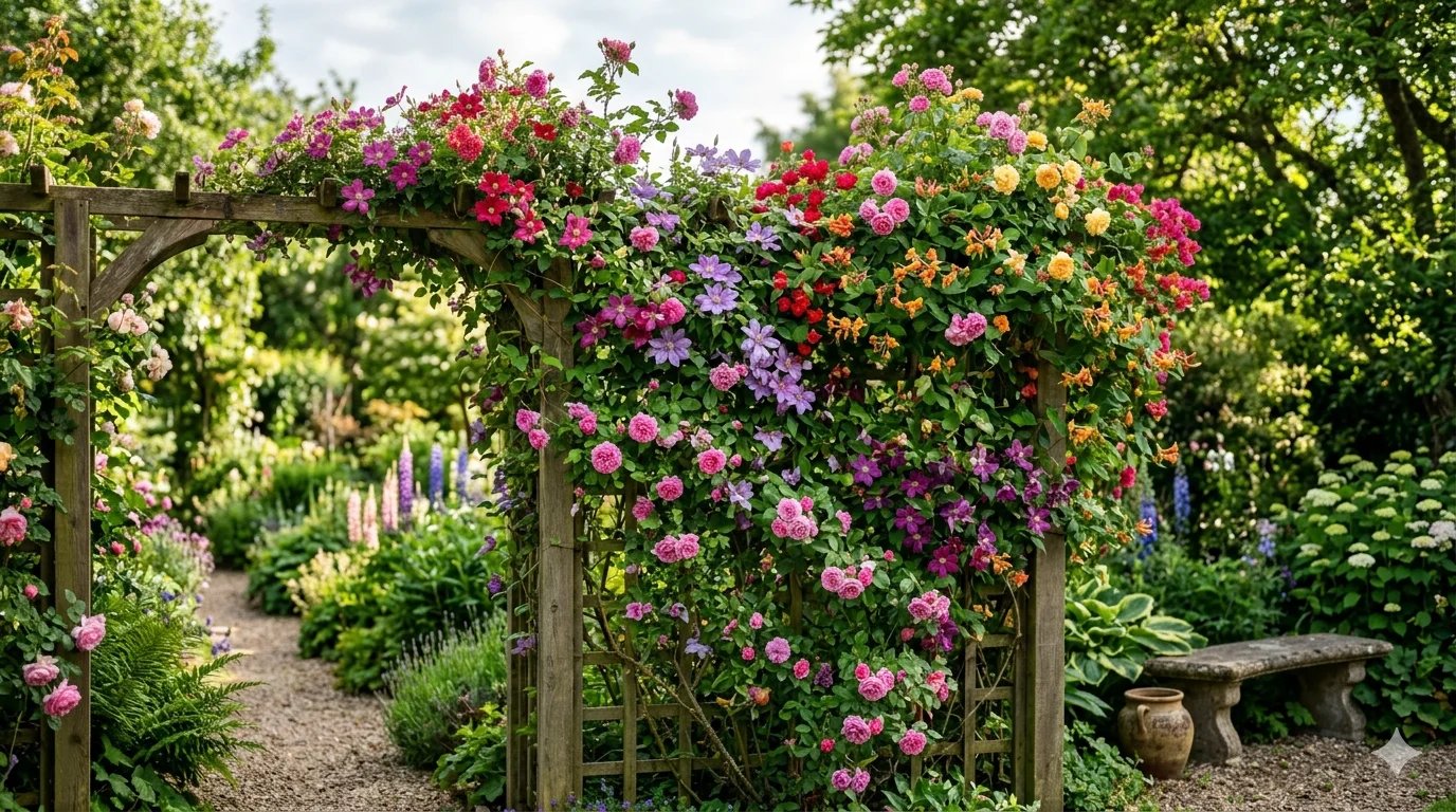 Outdoor privacy wall created with flowering vines and a wooden trellis