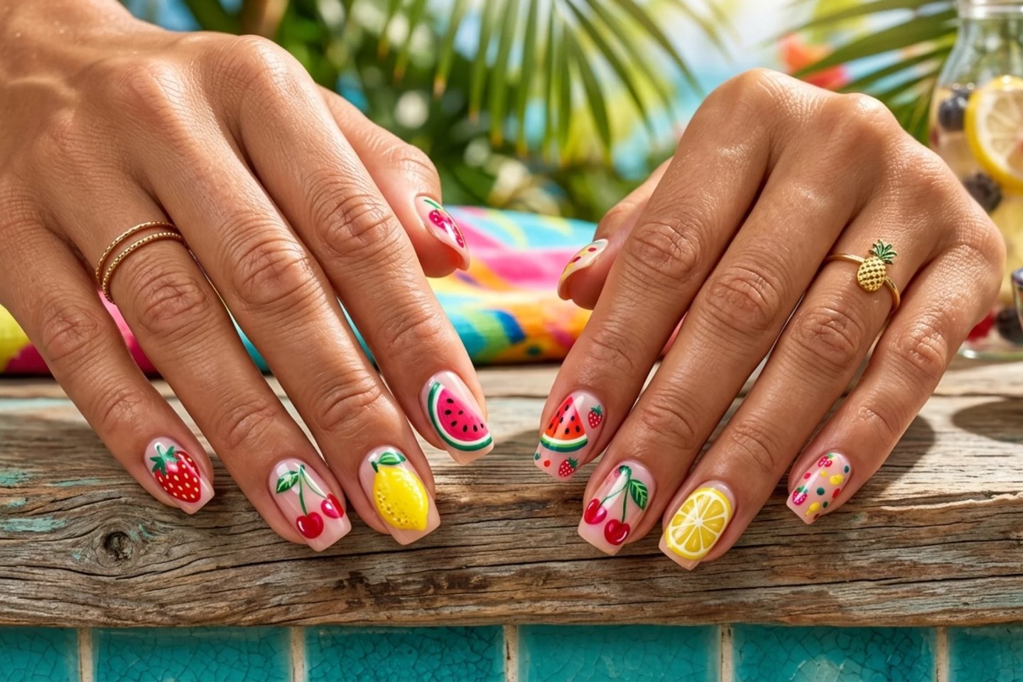 Cute fruit inspired colorful nail art with strawberry and lemon summer nail designs