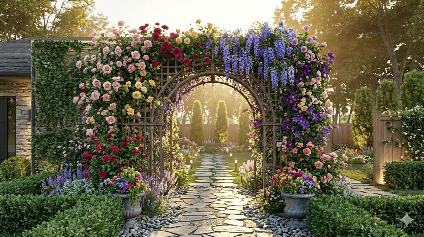 Elegant metal archway trellis for climbing flowers and vine entry