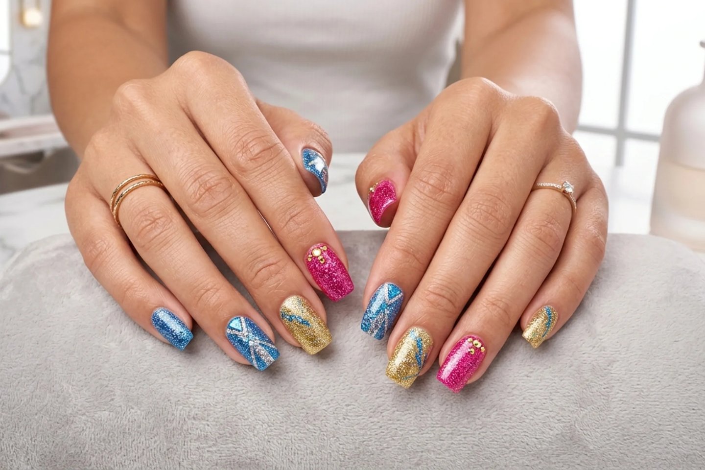 Glitter colorful nail design with sparkling accents and trendy bright nail polish