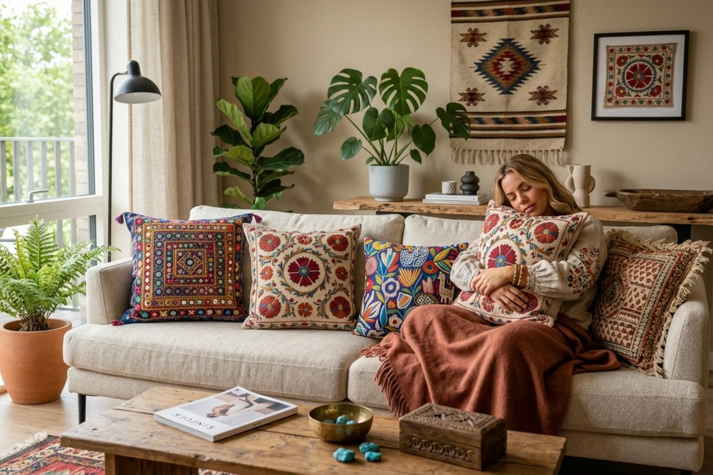 handmade embroidered cushions with bohemian patterns and artisan home decor style