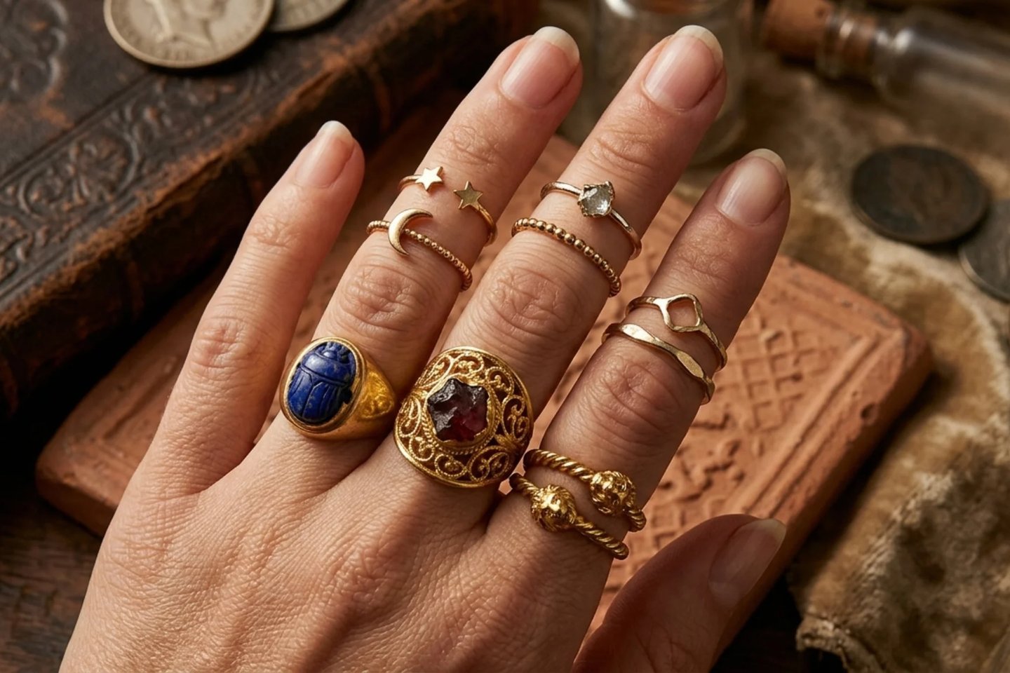 Historical inspired knuckle rings with luxury vintage jewelry styling concept