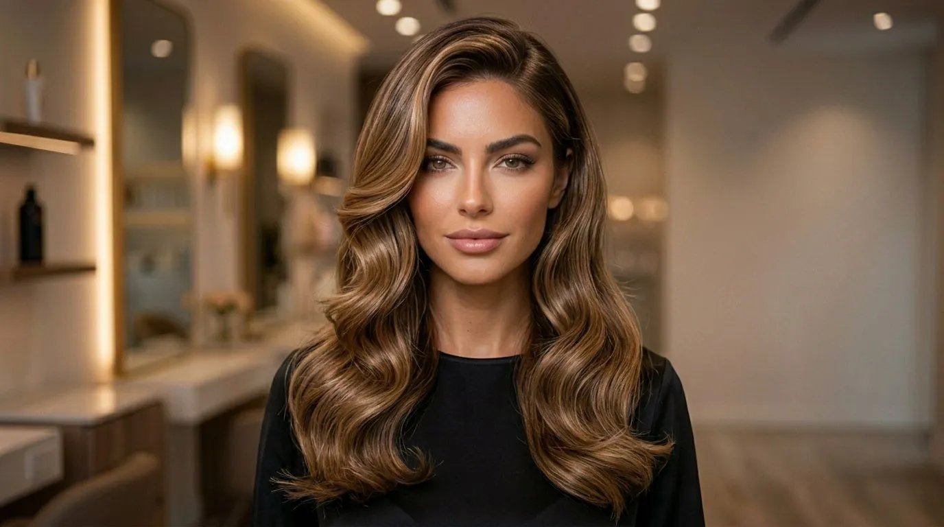 Hollywood glam blowout hairstyle with deep side part, soft waves, and red carpet luxury fashion aest