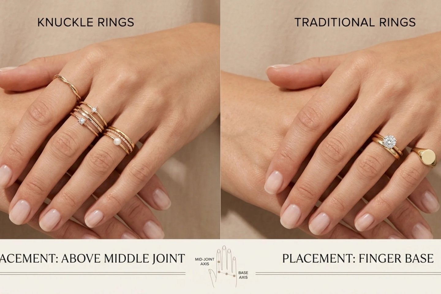 Comparison of traditional rings and modern knuckle rings on fashionable female hands