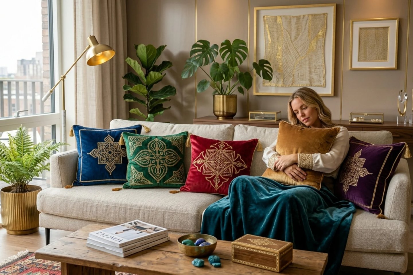 close up of decorative cushions showing rich fabric textures velvet linen and embroidery details