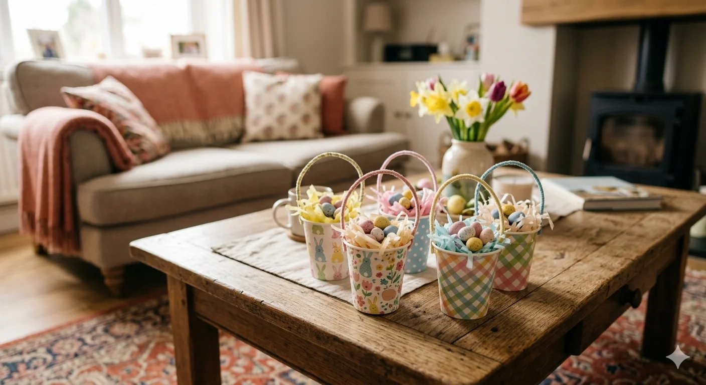 Small Easter baskets made from cups filled with shredded paper and pastel eggs placed on a cozy tabl