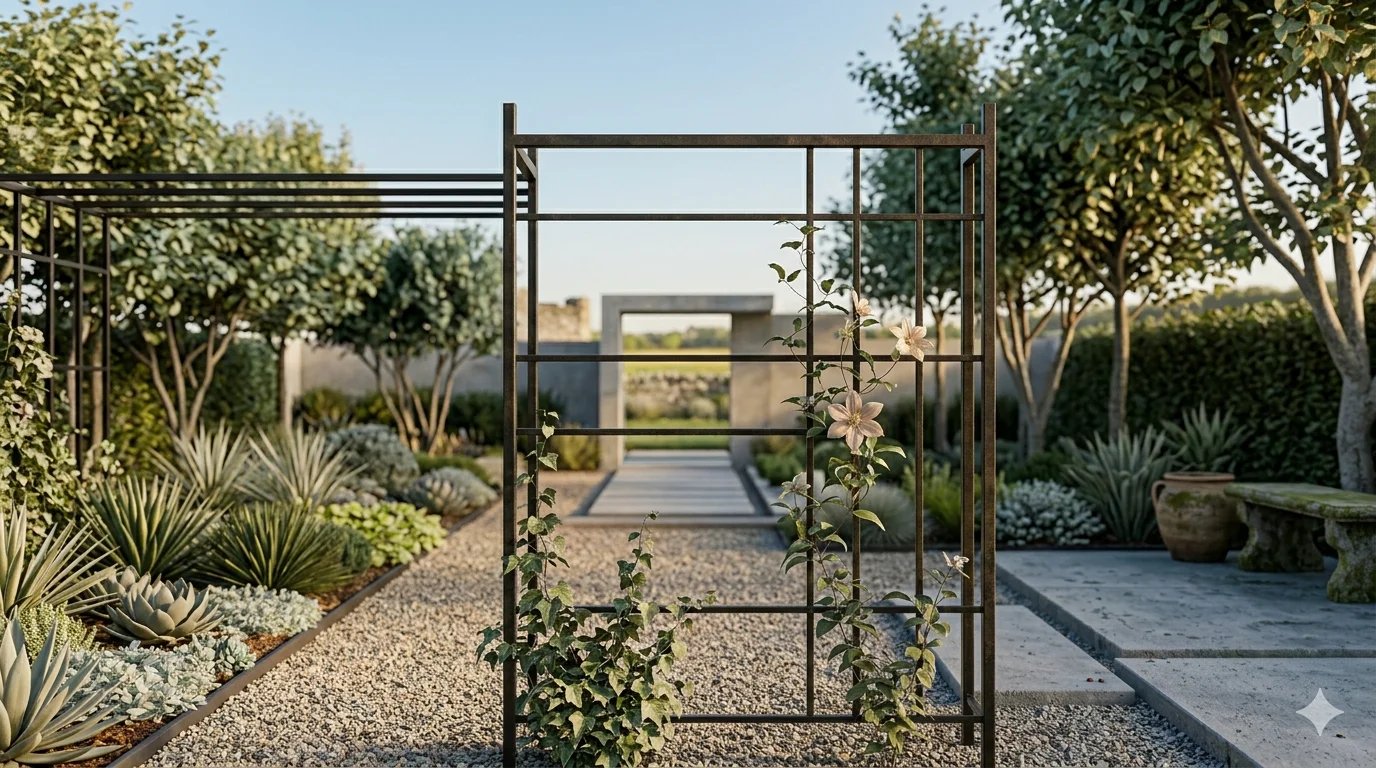 Minimalist matte black iron trellis for climbing patio plants