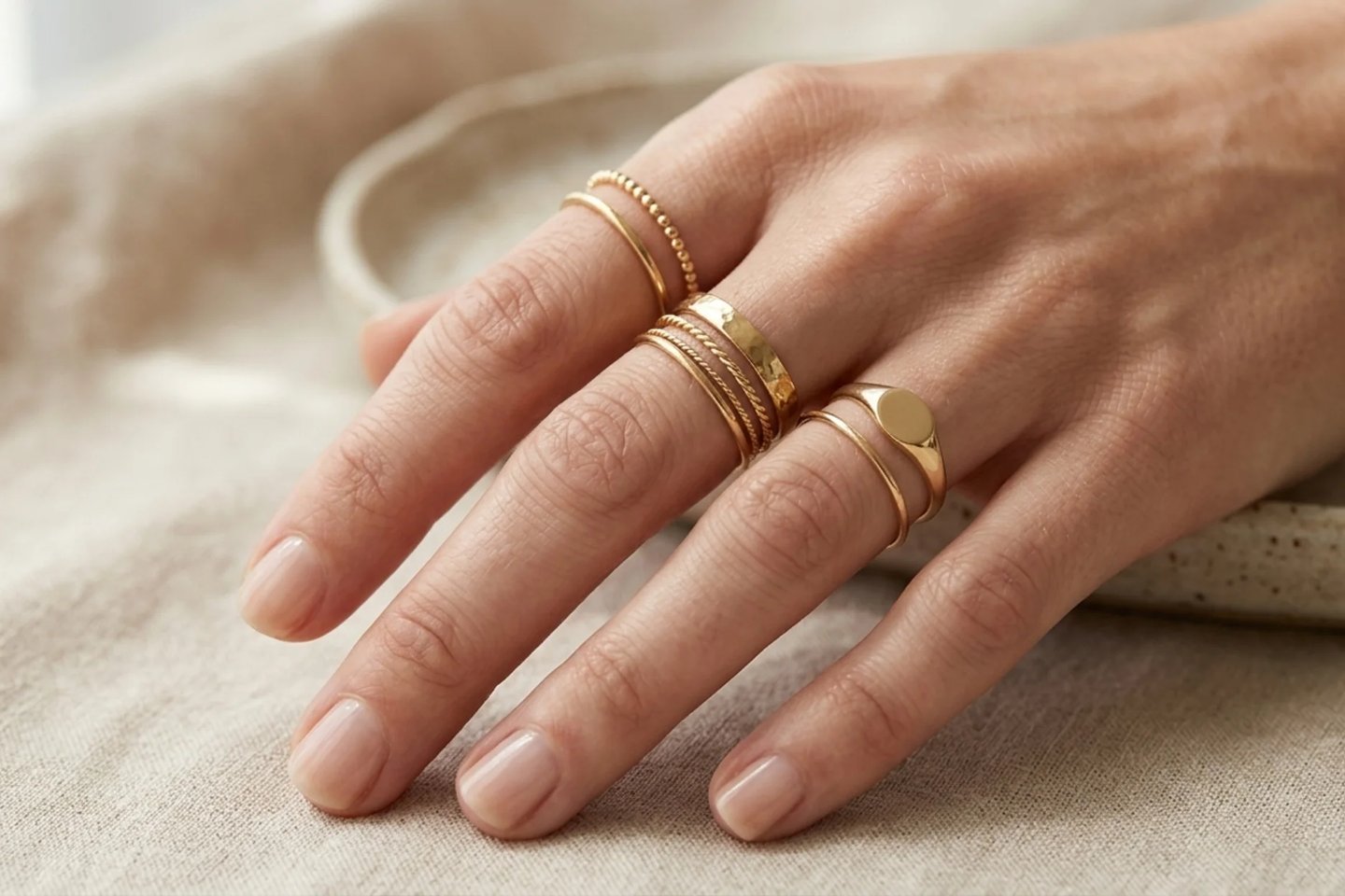 Minimalist gold midi rings stacked elegantly on stylish feminine fingers