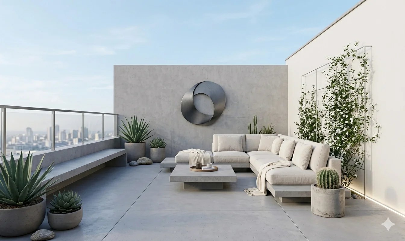 Minimalist outdoor terrace with modern furniture, plants, and concrete flooring for a serene look