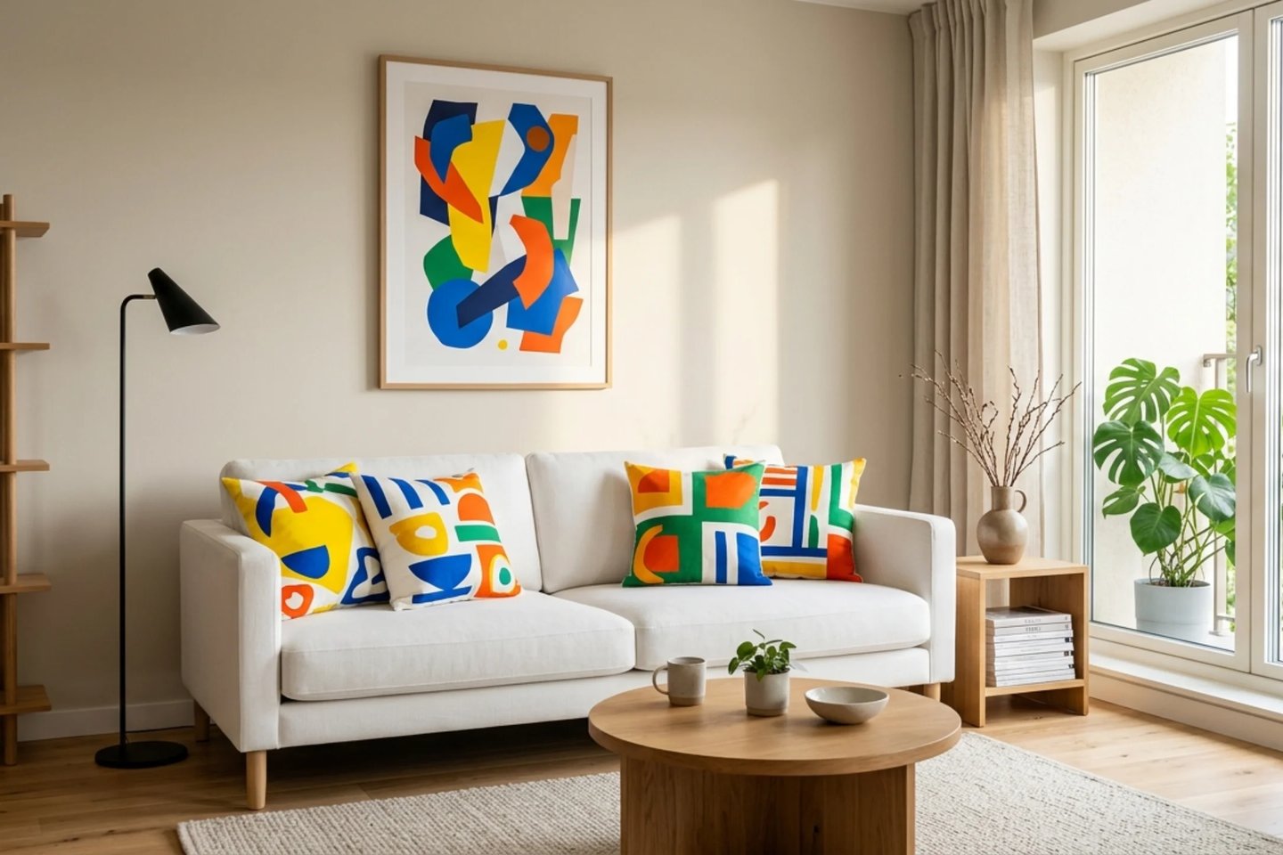 minimalist white sofa with bold funky patterned cushions in modern interior design