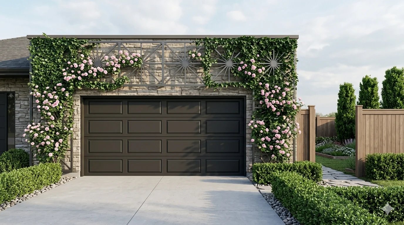 Modern black metal trellis with a sleek geometric pattern