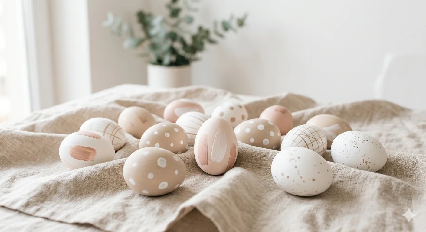 Modern painted Easter eggs with pastel colors and minimalist abstract designs on a soft linen backgr