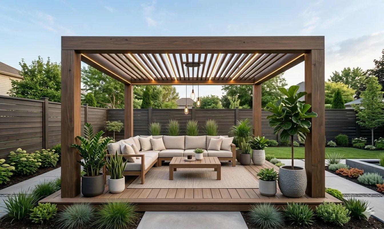 Outdoor dining area with table, chairs, and decorative lighting for gatherings