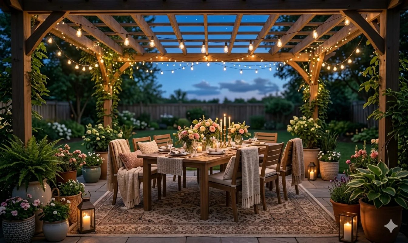 Small outdoor patio decorated with cozy seating, plants, and space saving design