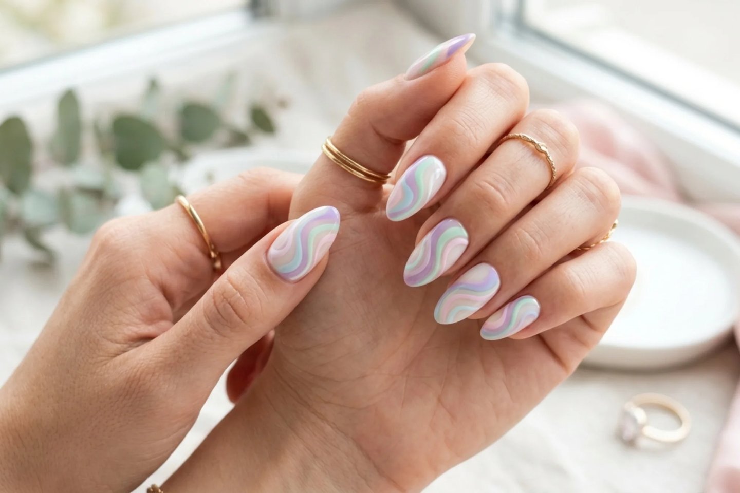 Pastel swirl nail art with pink, lavender, mint green and blue aesthetic patterns