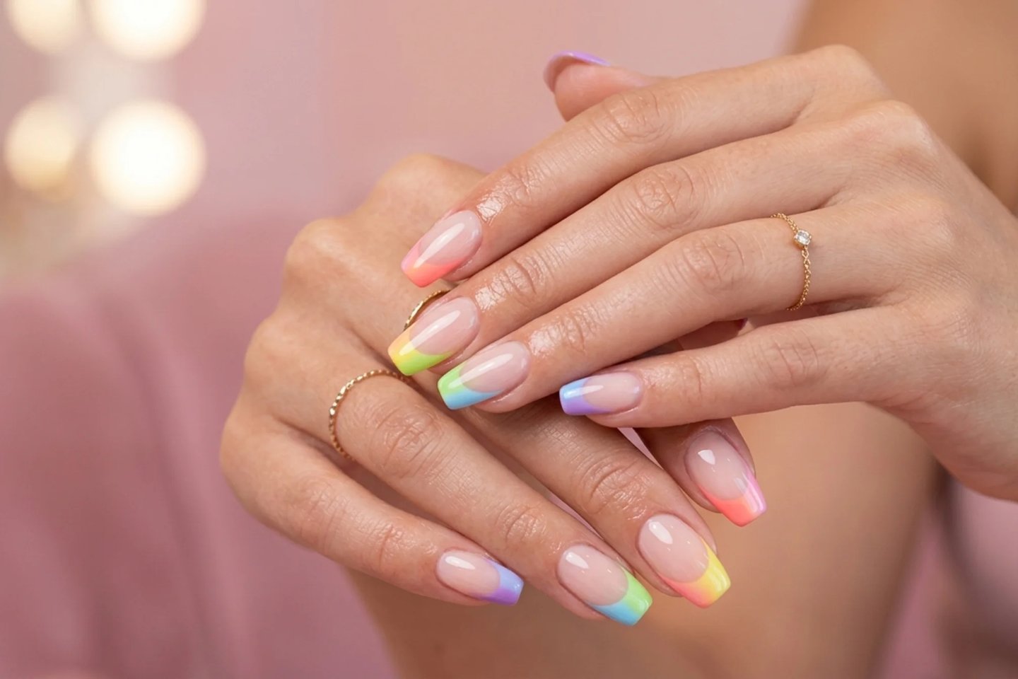 Colorful rainbow French tip nail design with glossy finish on stylish almond shaped nails