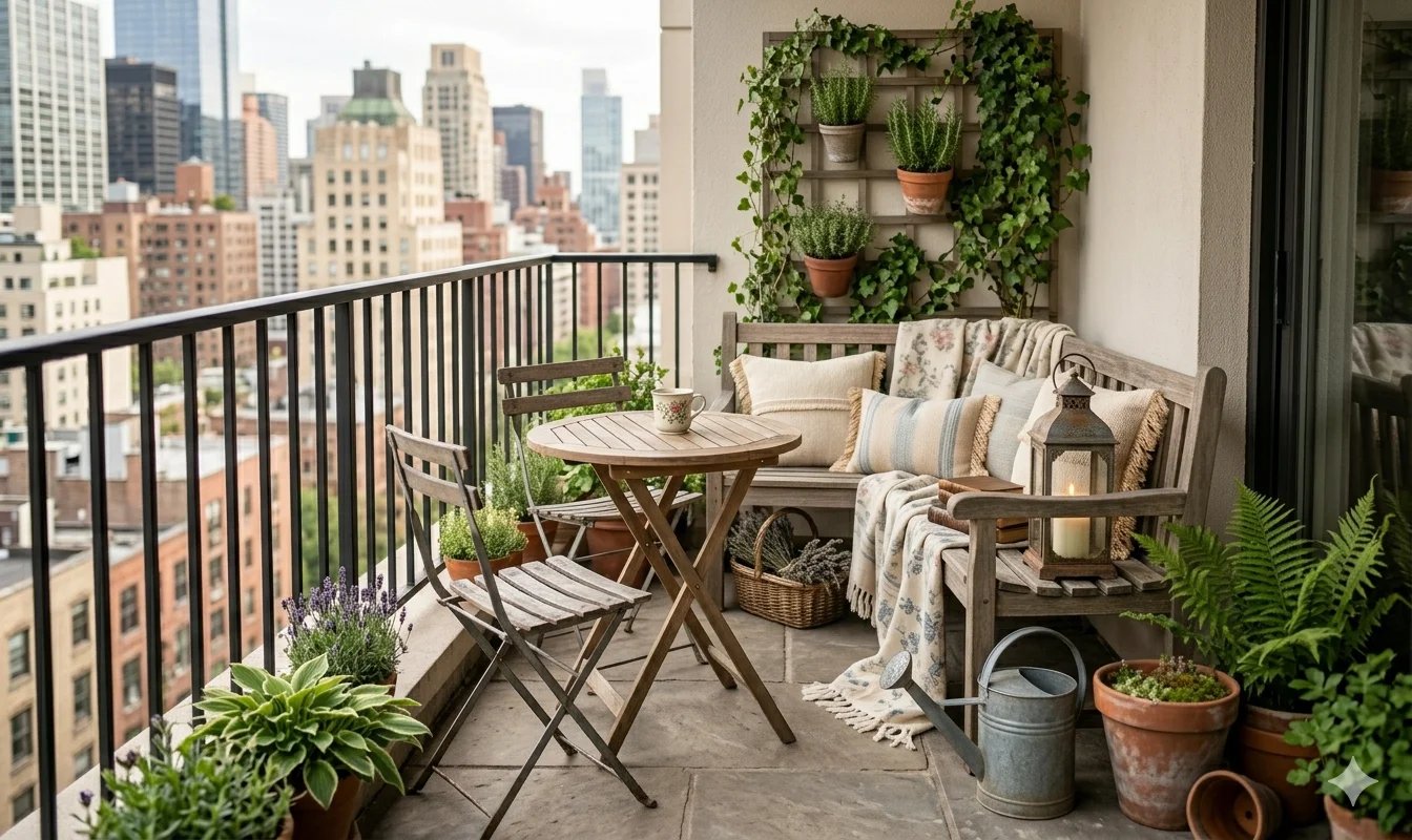 Cozy small balcony with seating, table, plants, and city view.
