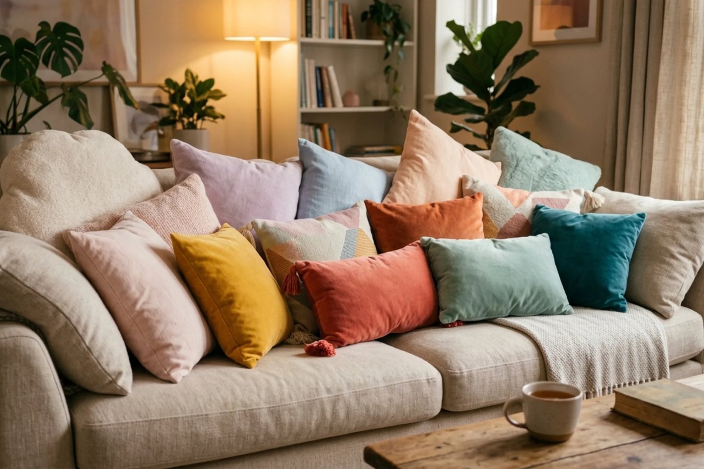 soft plush cushions arranged on cozy sofa creating cloud like comfort aesthetic