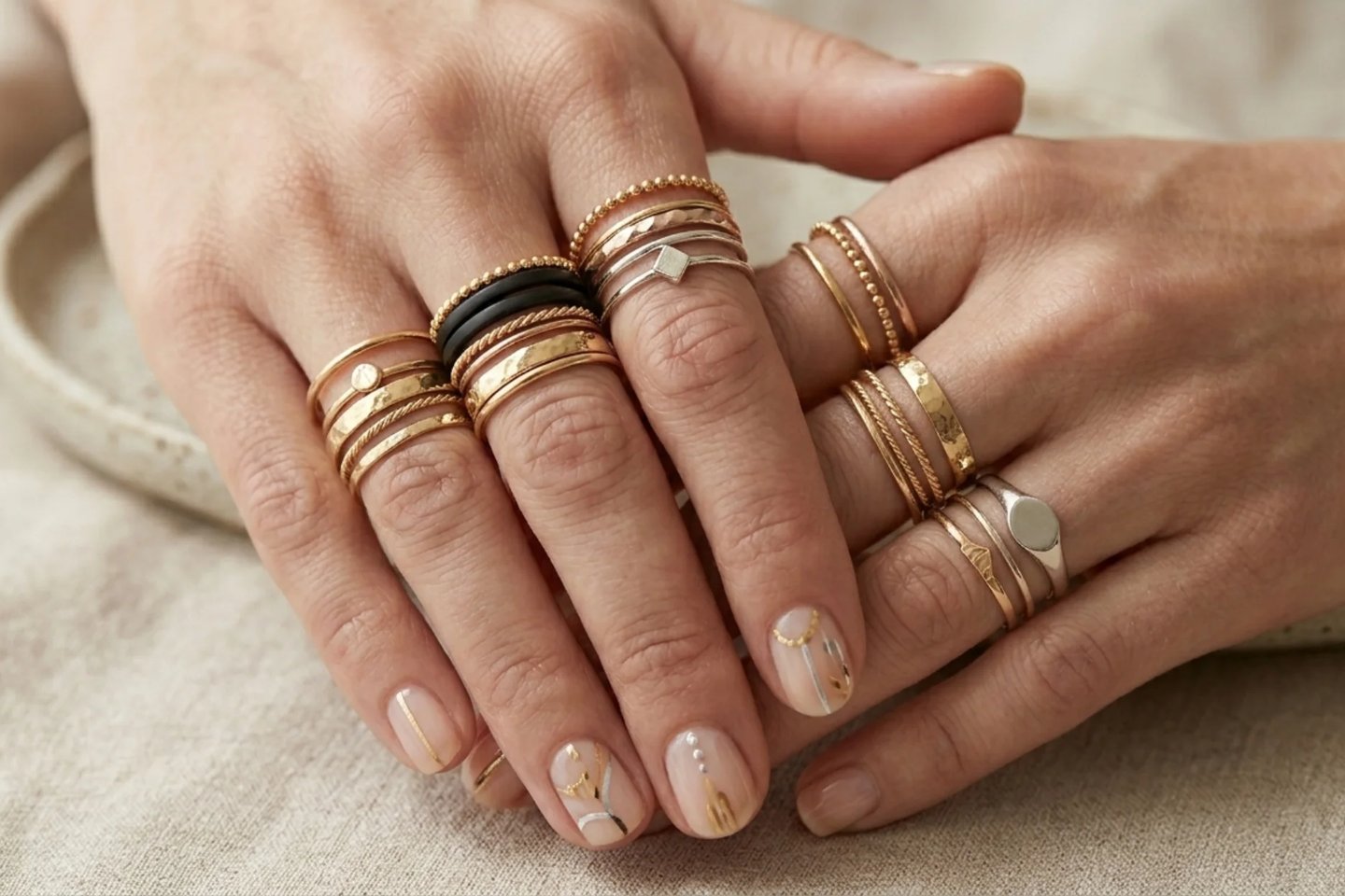 Stackable knuckle rings layered with mixed metals and trendy fashion styling