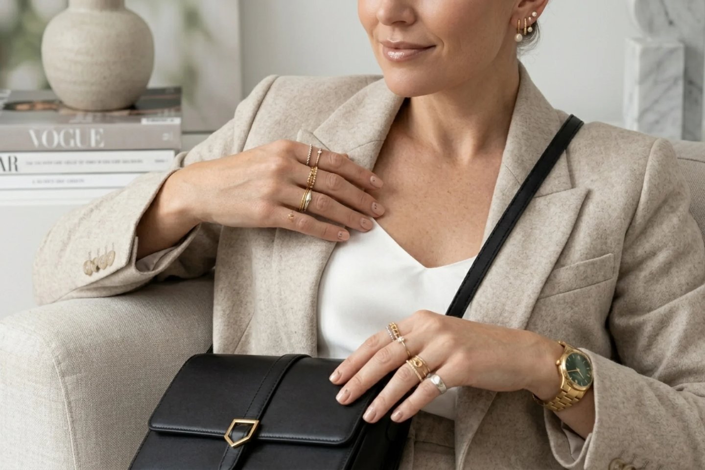 Fashion expert styling layered knuckle rings with trendy modern accessories