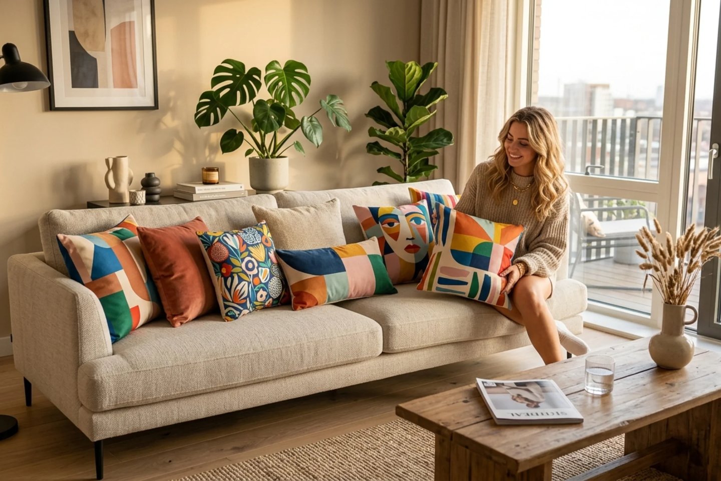 stylish living room with trendy cushions arranged for modern home decor brand campaign